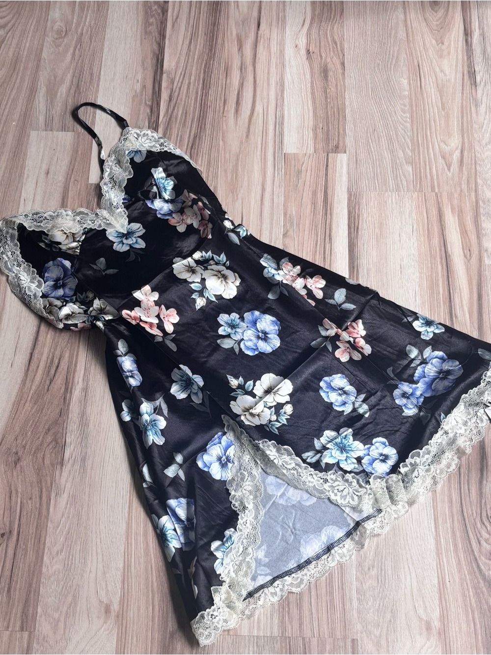 Amazon Black Floral Satin Lace-Trim Chemise with Blue & Blush Flowers